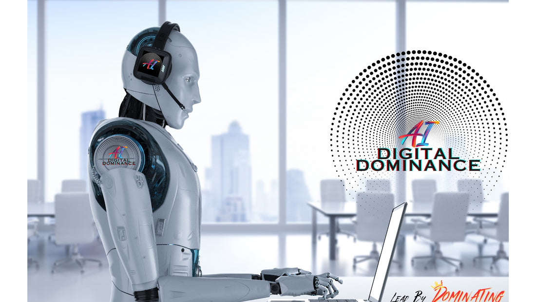 AI Digital Dominance AI Robot using AI on a laptop to help business growth using chatgpt and other ai business tools.