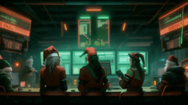 Santa clause and his elves analyzing the stock market and using artificial intelligence to make the most profitable stock market investment decisions