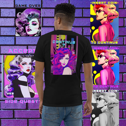 a man wearing a shirt from the AI Digital Dominance "Player Ready" collection. The shirt features a beautiful woman in the style of a retro video game, with the words "Continue?" on it. In the background, there are other shirts from the collection, each with a different woman and a different classic video game prompt, such as "Insert Coin To Continue" and "Game Over".