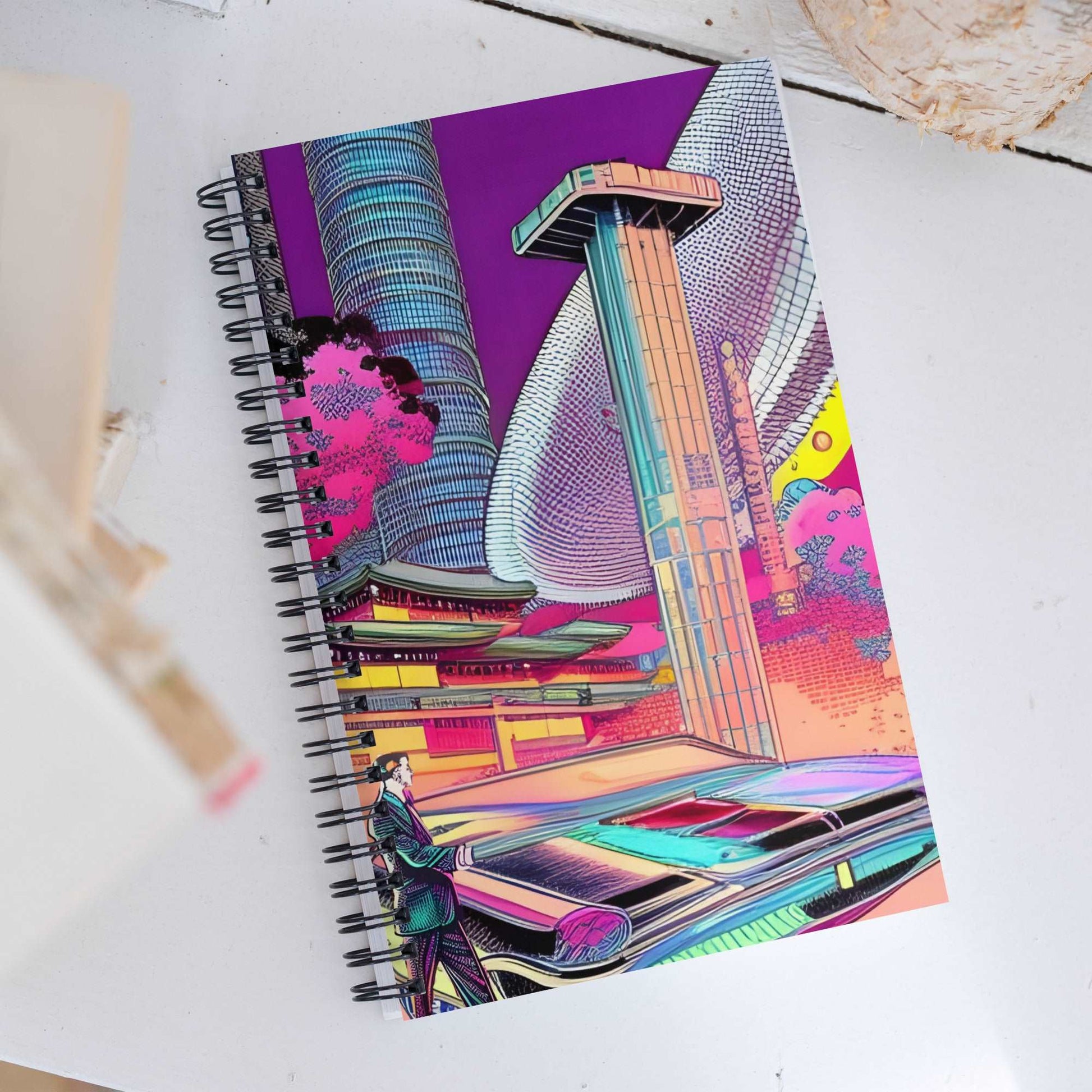 AI-Inspired Solarpunk Spiral Notebook: A Fusion of Retro Artistry and Futuristic Vision AI-inspired stationery item featuring a successful entrepreneur admiring his AI-built business empire, designed by AI Digital Dominance.